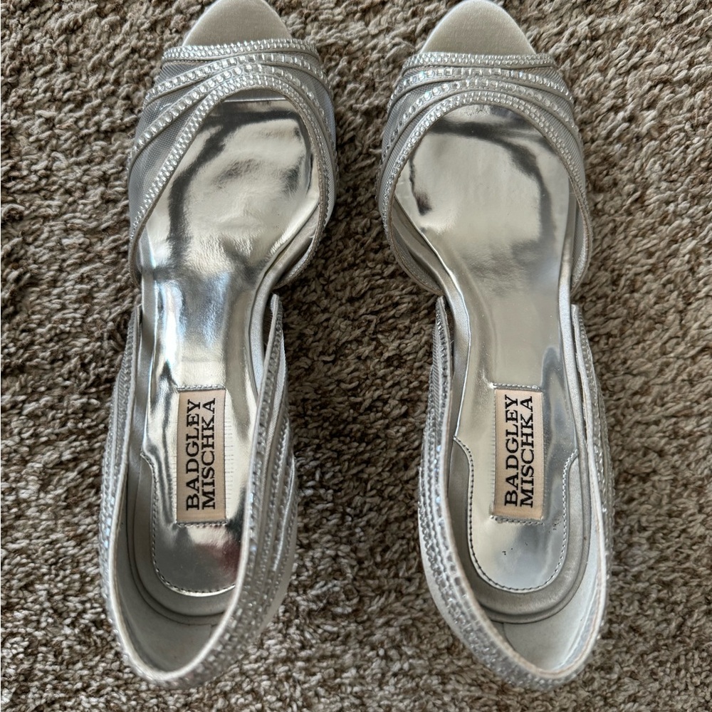 Badgley Mischka Silver Embellished Open-Toe Slingback Heels